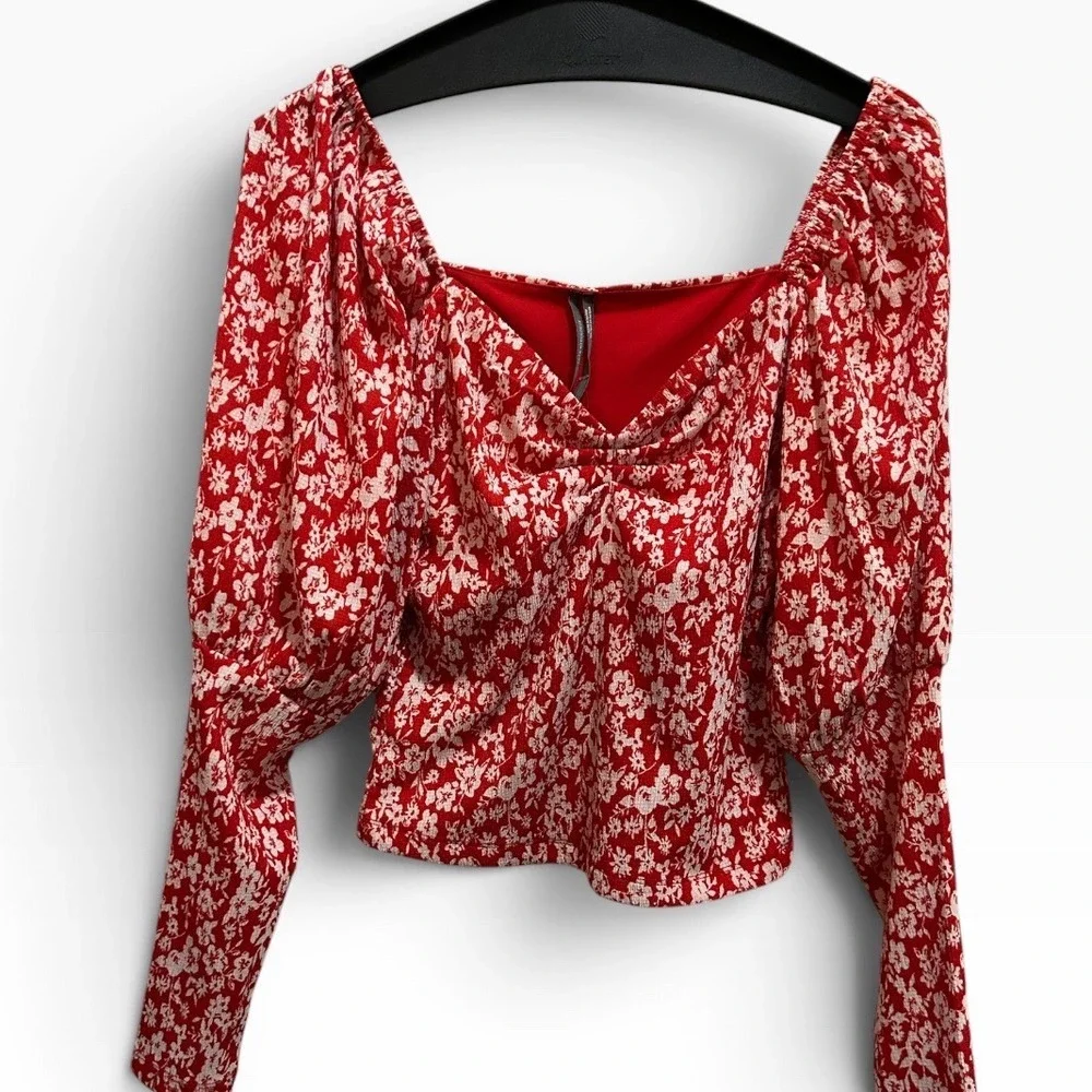 Anthropologie Red Floral Puff Long Sleeve Square Neck Blouse Top Small NWT